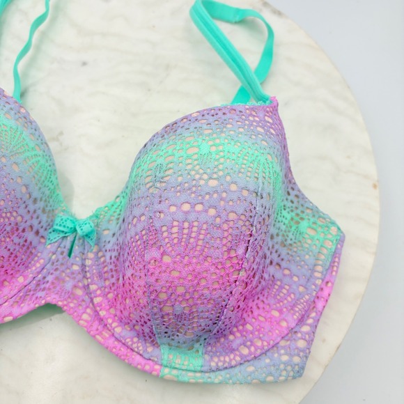 Victorias Secret VS Lined Demi Bra Pink Green 32DDD Mermaid Eyelet Bright - Picture 2 of 6